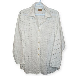 Tulip White Eyelet Button Down Collar Long Sleeve Shirt 100% Cotton Women  Small